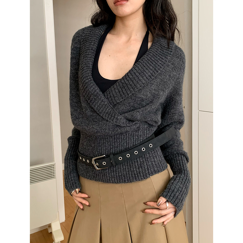 AMBOSC 三色春季新品设计感交叉V领套头毛衣百搭慵懒风长袖针织衫,女装/女士精品,毛针织衫,淘宝优惠券,粉丝福利购,淘宝优惠卷