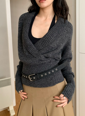 AMBOSC 三色春季新品设计感交叉V领套头毛衣百搭慵懒风长袖针织衫