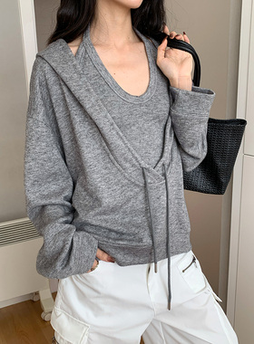 AMBOSC春季新品时髦懒人套装挂脖背心连帽大版抽绳显瘦卫衣两件套