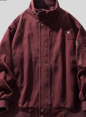 Greece深酒红覆古重磅纯棉水洗工装外套男士春秋季美式休闲夹克男