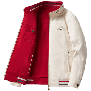 春秋季新款立领上衣男高端休闲大码中年爸爸装红色宽松双面穿夹克