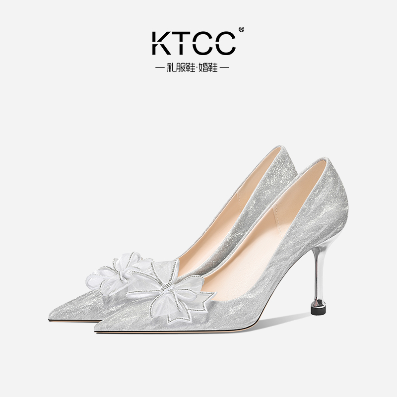 蝴蝶结银色水晶高跟鞋女猫跟2023年新款婚鞋秀禾婚纱两穿伴娘新娘