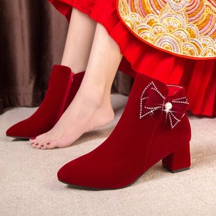女2022年新款 新娘鞋 高跟红色结婚靴子两穿低跟 秀禾婚鞋 秀恋歌冬季