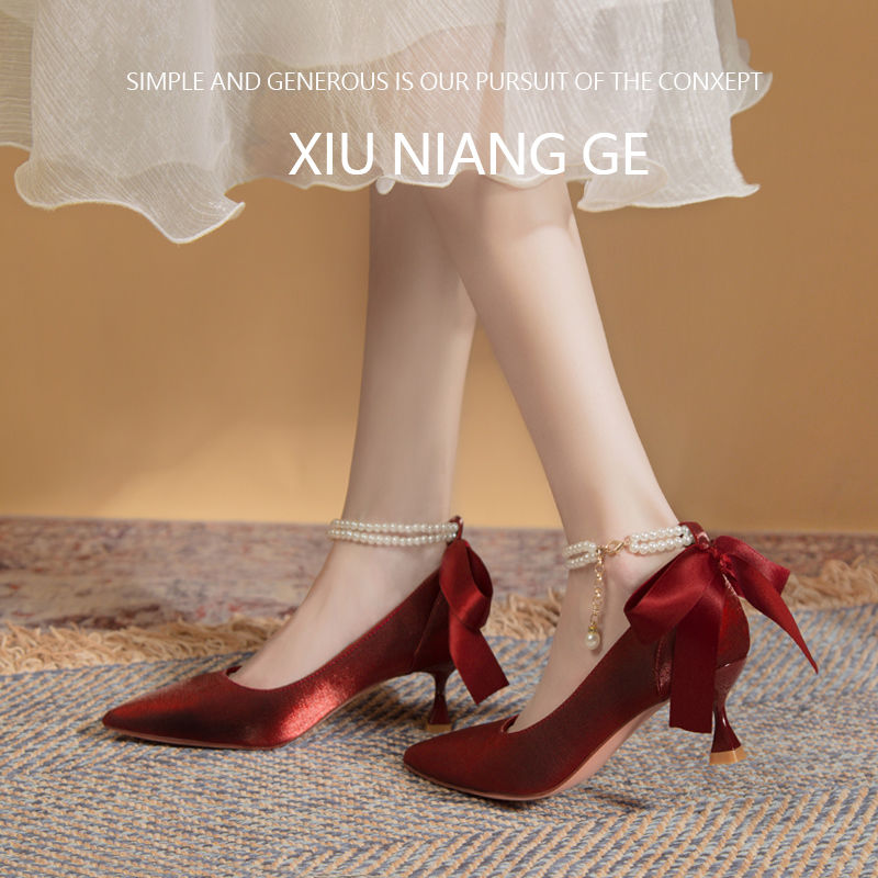 法式珍珠尖头高跟鞋女细跟2023年最新款优雅温柔仙女气质配裙单鞋