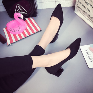 鞋子女大码40码单鞋百搭绒面粗跟低跟3厘米浅口黑色工作鞋高跟鞋