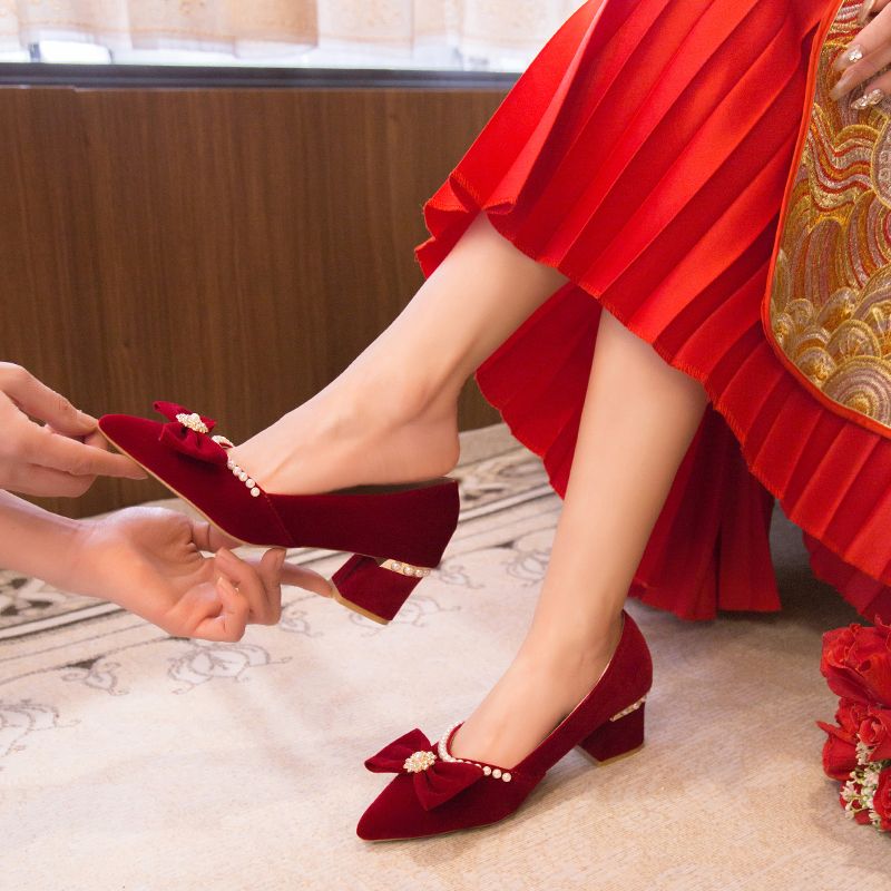 结婚鞋子新娘鞋女2024年新款秀禾婚纱两穿红色高跟鞋粗跟不累脚