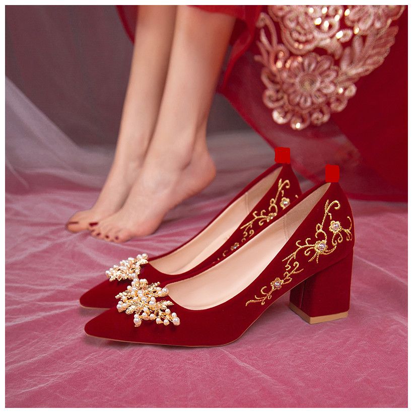 秀禾服新娘结婚鞋婚纱鞋2023年新款粗跟高跟鞋两穿礼服敬酒鞋红色