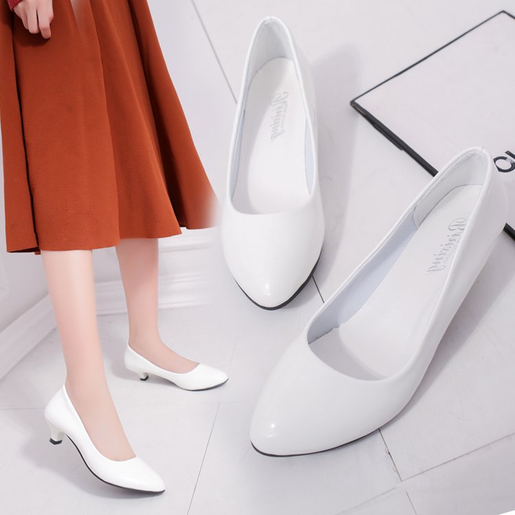 白色哑光高跟鞋女礼仪正装浅口圆头中跟3-5cm大码皮鞋上班工作单