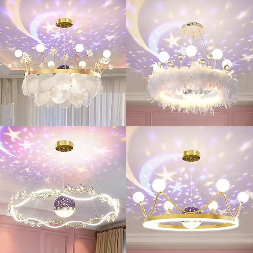 北欧卧室羽毛星空皇冠吊灯女孩女生儿童房间灯轻奢网红现代水晶灯