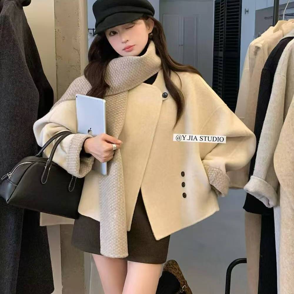 【Y.JIA 伊嘉】高级感小众撞色千格双面毛呢外套羊毛大衣(配围巾)