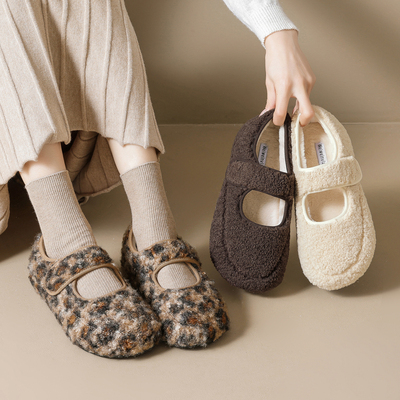 法式玛丽珍毛毛鞋豹纹保暖棉鞋