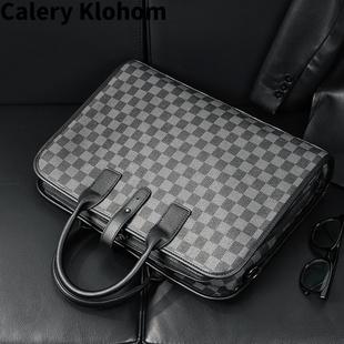 Calery 格子手提文件包高 Klohom新款 真皮牛皮商务通勤公文包横款
