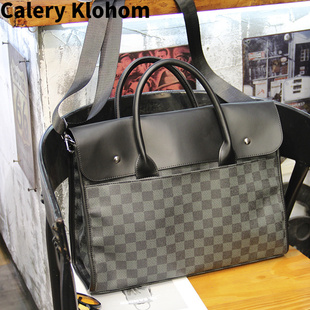 横款 Calery 格子手提包 Klohom新款 商务公文包电脑包 真皮牛皮新款