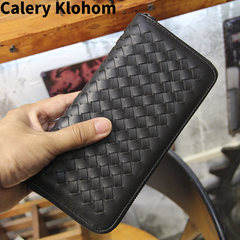 Calery Klohom新款真皮牛皮新款韩版编织钱包长款手包手工编制手