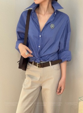 藏肉OS廓形版！蓝色格纹长袖衬衫女宽松通勤穿搭高级感衬衣/STC
