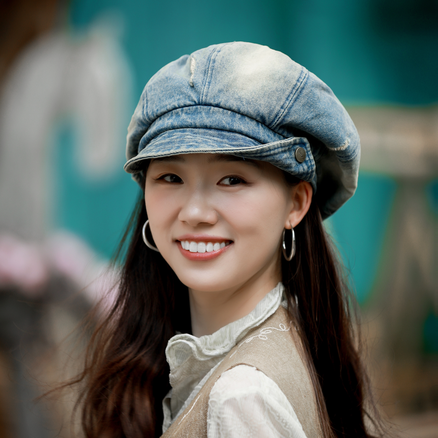 复古做旧破洞水洗牛仔贝雷帽女