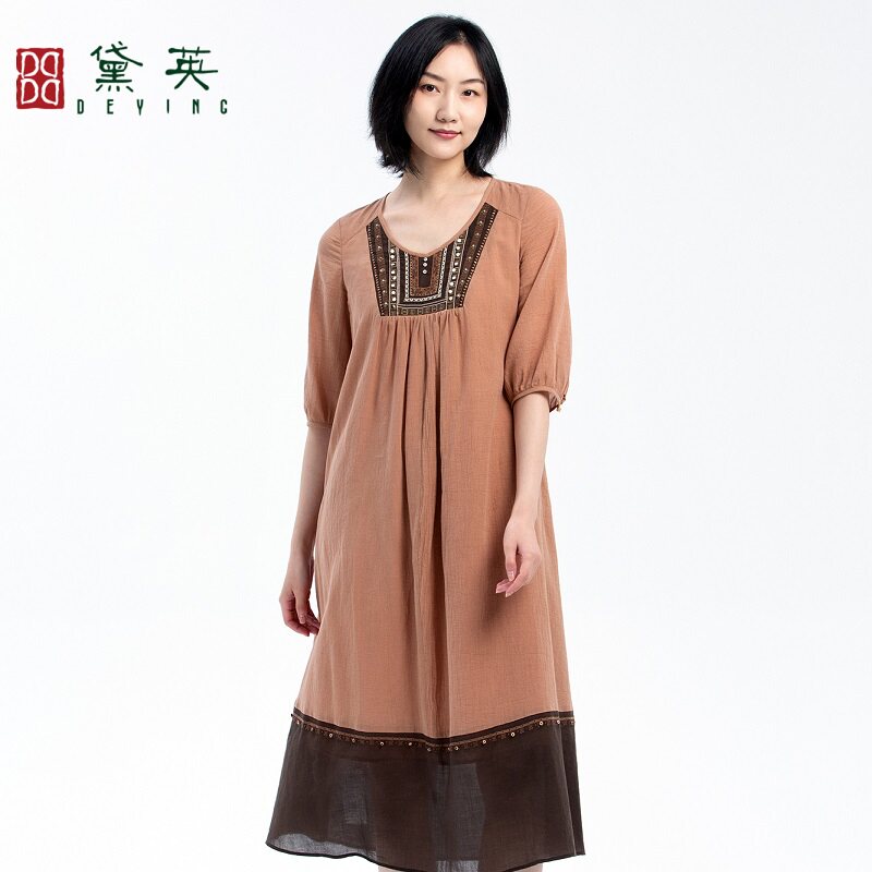黛英夏季新品简约百搭民族风款连衣裙 LAP2107