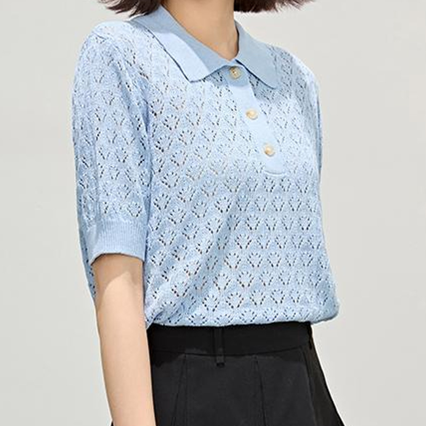 【佧】polo领镂空针织衫女短袖蓝色纽扣上衣夏季薄款X03AZW2859