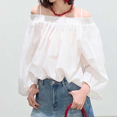 【佧】白色一字肩吊带女夏季露肩松紧设计时尚优雅上衣X05AXW2353