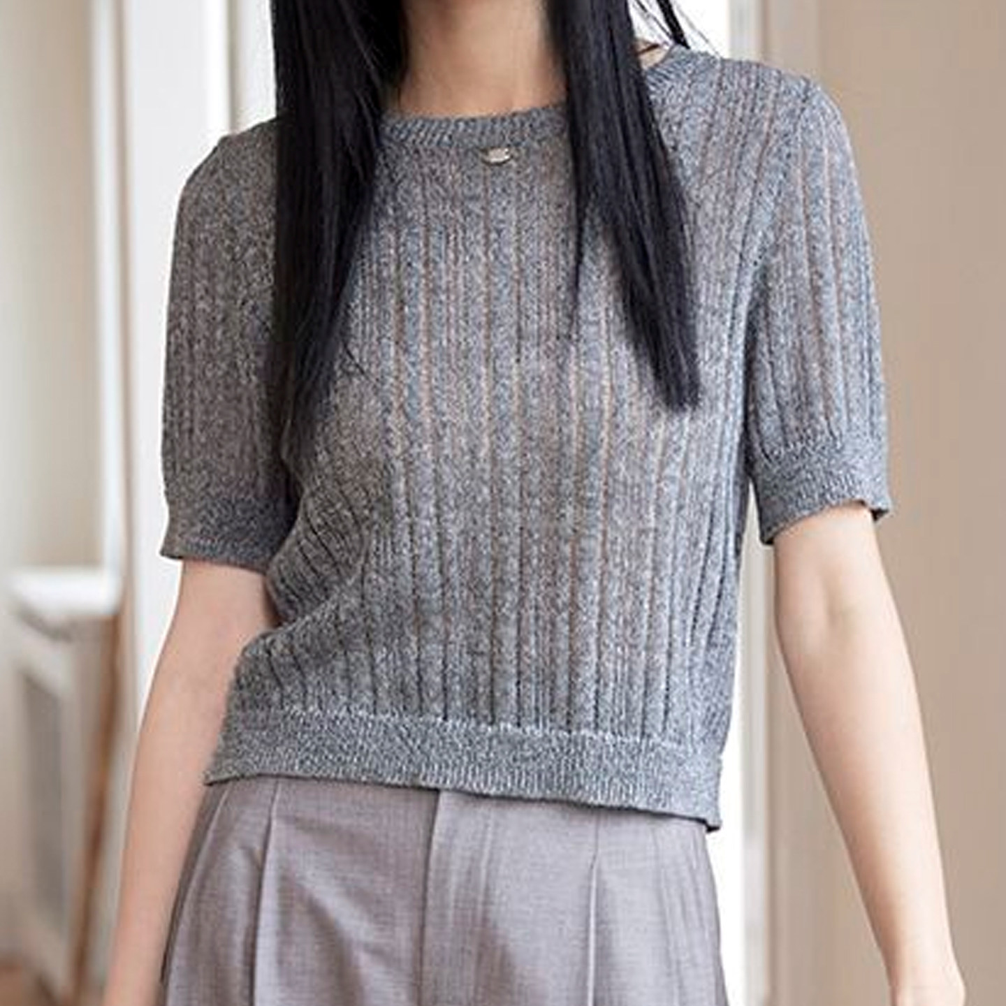 【tu】复古风圆领小麻花五分袖针织衫女灰色显瘦气质2205252041