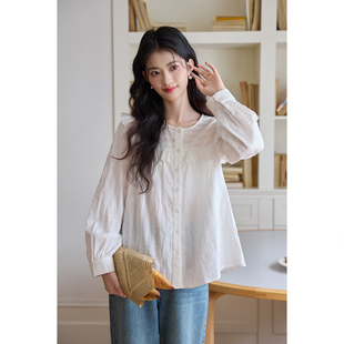小飞袖 衬衣长袖 衬衫 泡泡袖 上衣 女高级感春秋2025新款 弥古白色法式