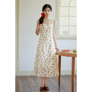 弥古红色碎花连衣裙女高级感法式 宽肩带茶歇裙 度假吊带裙2025夏季