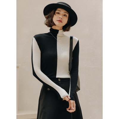 弥古黑白拼色毛衣女高领打底衫秋冬修身内搭针织衫法式设计感上衣