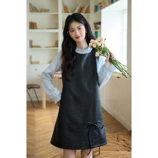 弥古2025秋季黑色皮裙连衣裙女高级感无袖背心裙小个子a字裙短裙