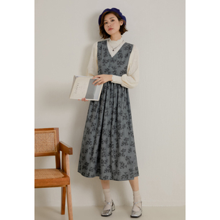 弥古法式 灯芯绒背心连衣裙秋冬外穿吊带碎花裙女显瘦收腰深V领裙