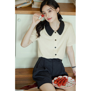新款 弥古短袖 上衣女2025夏季 娃娃领衬衫 宽松撞色翻领纯棉衬衣 法式