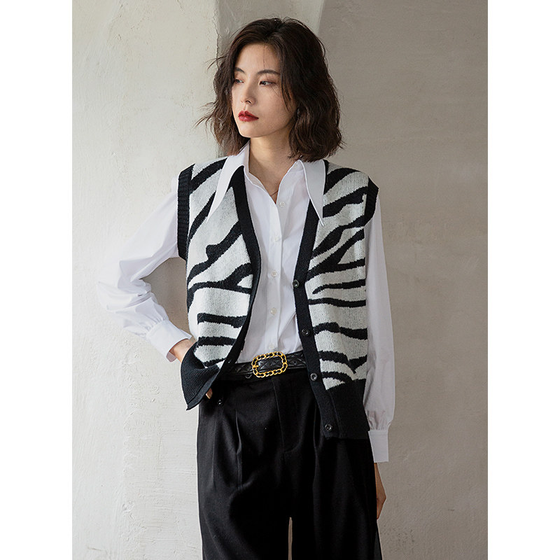 v领复古斑马纹马甲背心