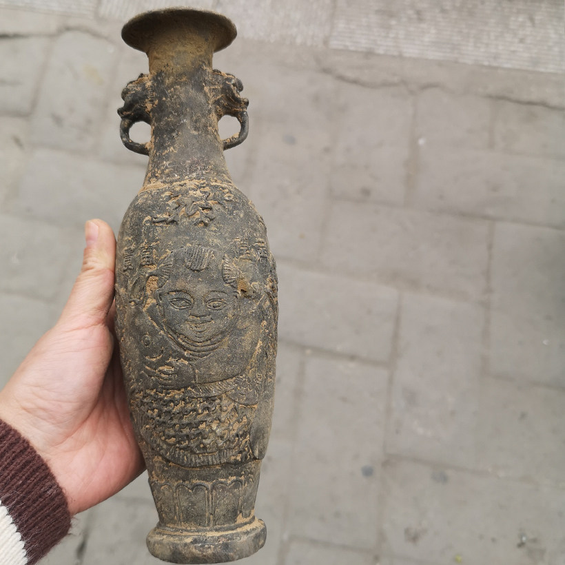 仿古出土铜器收藏纯铜年年有余花瓶富贵吉祥狮子头双耳宝瓶摆件