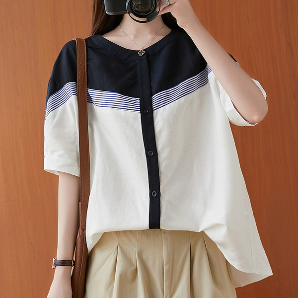 RM4195#夏季新款韩版大码休闲上衣 文艺撞色拼接亚麻圆领衬衫