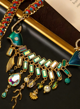 中古重工鱼骨流苏项链高级vintage时尚欧美项链复古镶钻轻奢项链