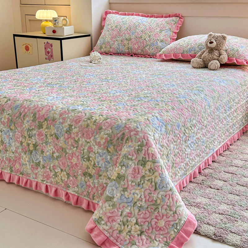 牛奶绒夹棉床盖2025新款冬季加绒加厚珊瑚毛绒面榻榻米床单三件套