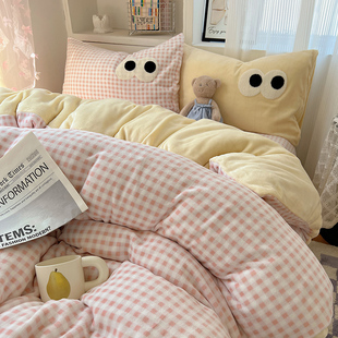 可爱毛巾绣牛奶绒四件套冬季加绒珊瑚绒面被套床单床上三件套床品