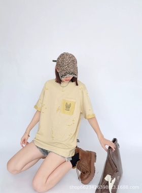 夏季新款短袖T恤卡其绿色时尚小胸标宽松休闲韩版潮   25106