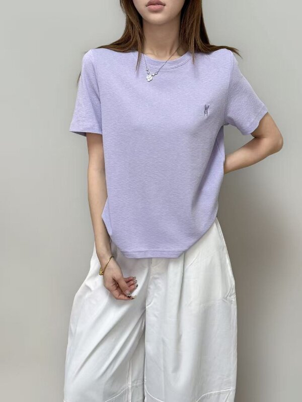26157法斗女士刺绣圆领短袖宽松纯色T恤夏季2026新款百搭上衣