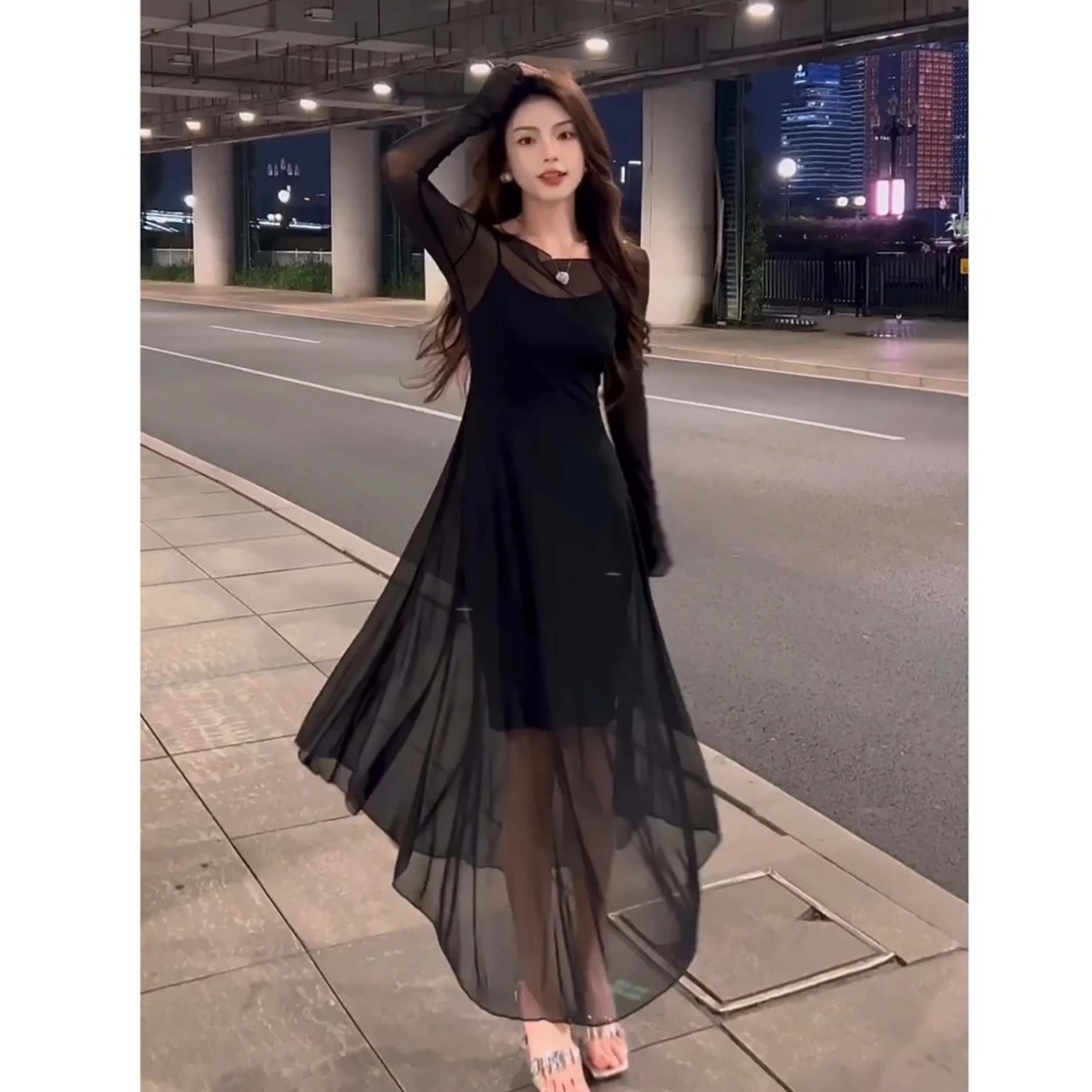 【黑色两件套连衣裙】菲奥娜Fiona气质吊带裙网纱连衣裙气质长裙