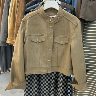 立领鹿皮绒外套女宽松显瘦2025早秋新短款长袖夹克百搭上衣小个子