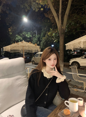 Zzhen珍珍 米兰千金重工撞色木耳花边领棋盘格针织衫气质毛衣