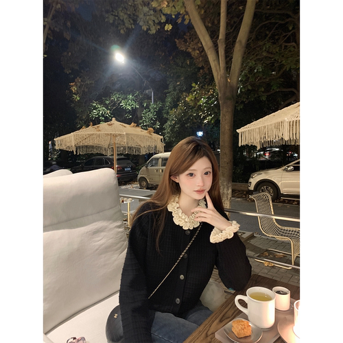 Zzhen珍珍 米兰千金重工撞色木耳花边领棋盘格针织衫气质毛衣