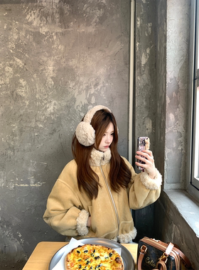 Zzhen珍珍 松栗画报酷飒与暖意韩版皮毛一体冬季立领羊羔保暖外套