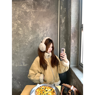 Zzhen珍珍 松栗画报酷飒与暖意韩版皮毛一体冬季立领羊羔保暖外套