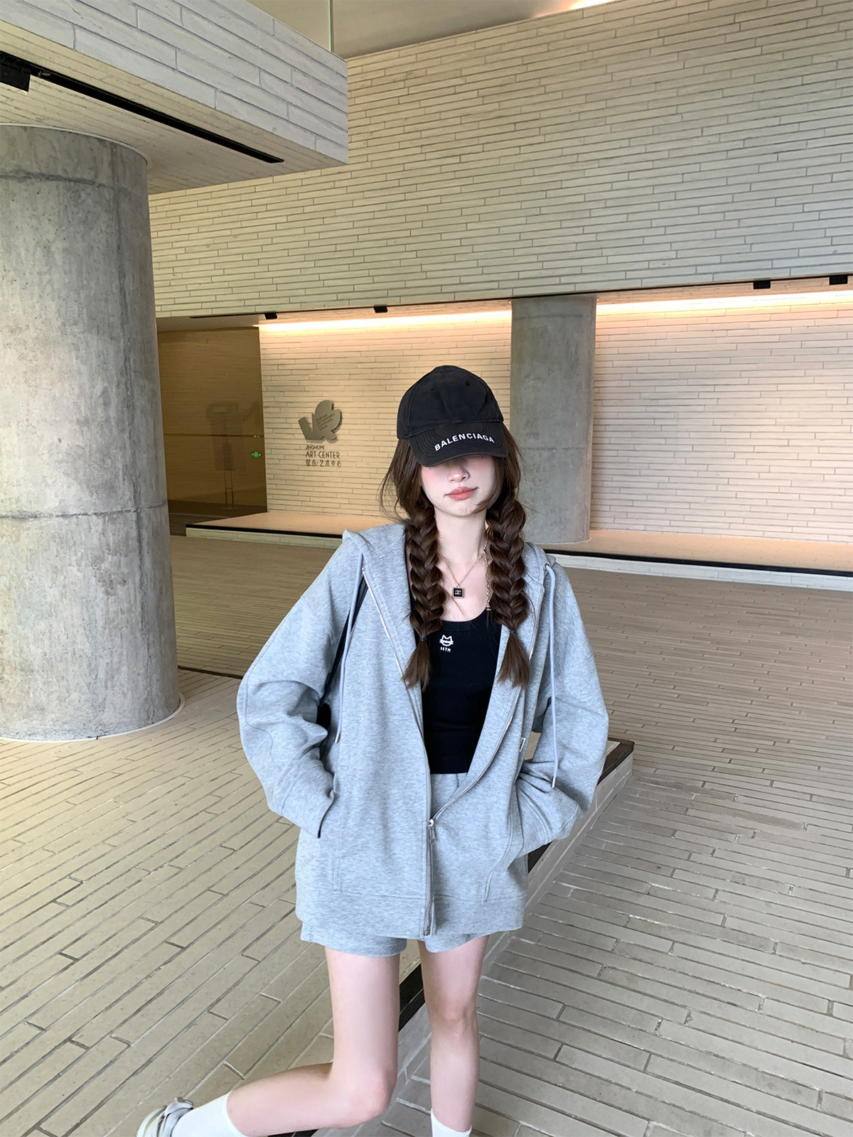 珍珍家早秋舒适计划连帽卫衣外套短裤两件套韩系休闲宽松运动套装