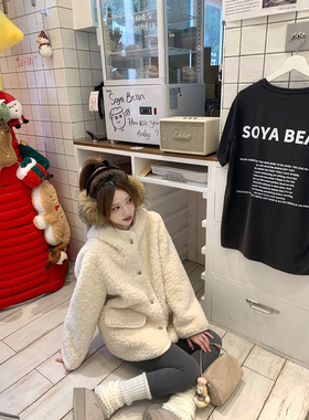 Zzhen珍珍温柔气质软糯中长款皮毛一体连帽羊羔毛外套环保皮草