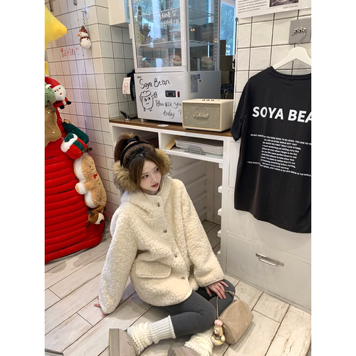 Zzhen珍珍温柔气质软糯中长款皮毛一体连帽羊羔毛外套环保皮草