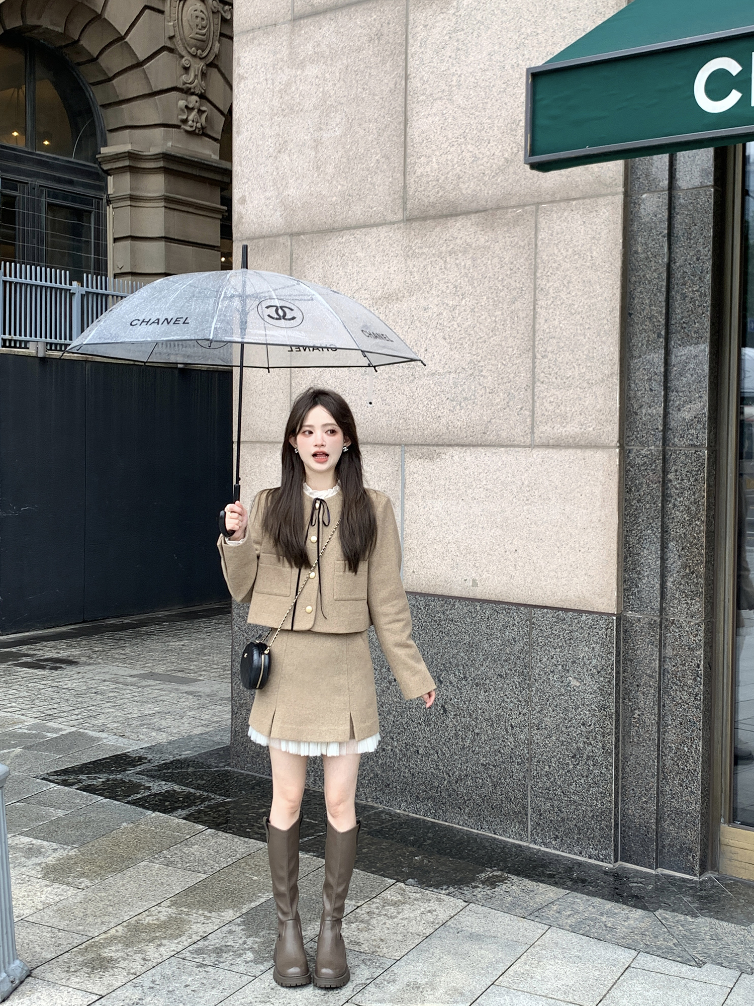 珍珍家60羊毛中古vintage韩系气质秋季薄呢小香外套半裙两件套装