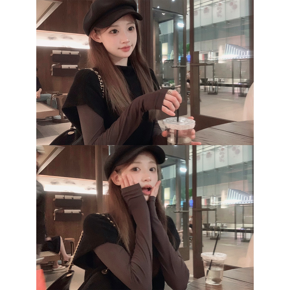 珍珍家珐琅诗社半高领高知韩系气质毛衣马甲叠穿组短袖针织上衣