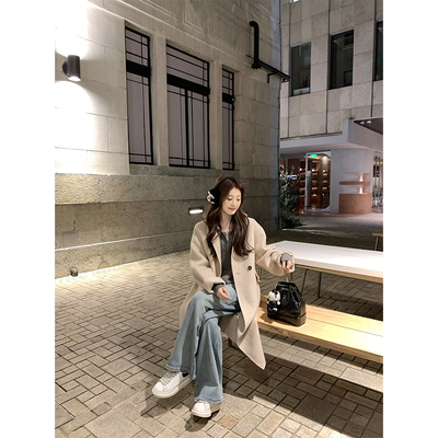 珍珍家70羊毛双面羊绒毛呢大衣韩系保暖气质春季新款长毛呢外套女